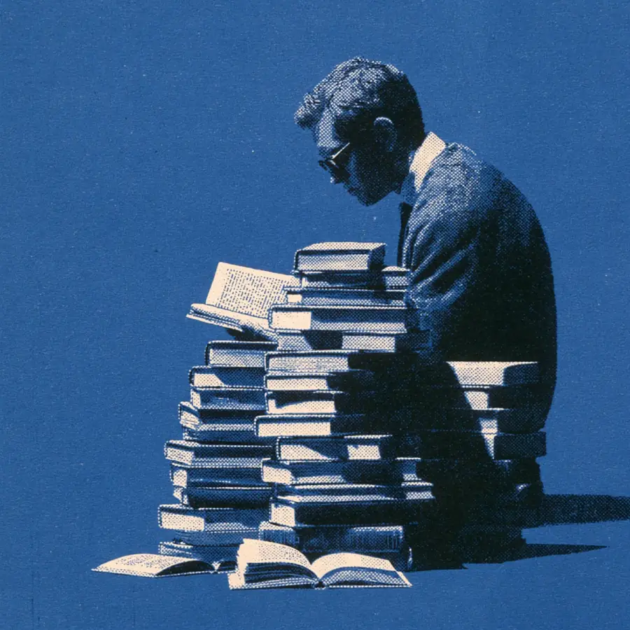 Мужчина ищет информацию среди стопок книг — цианотипия